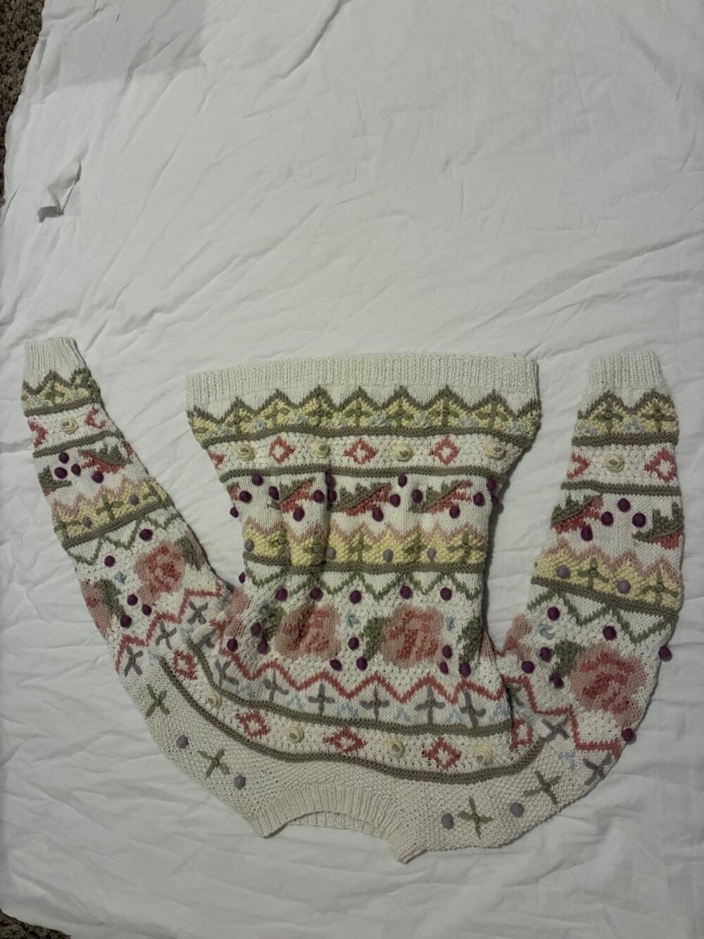 Vintage Floral Tapestry Knit Sweater Cream 3D Embroidered Roses Size M/L